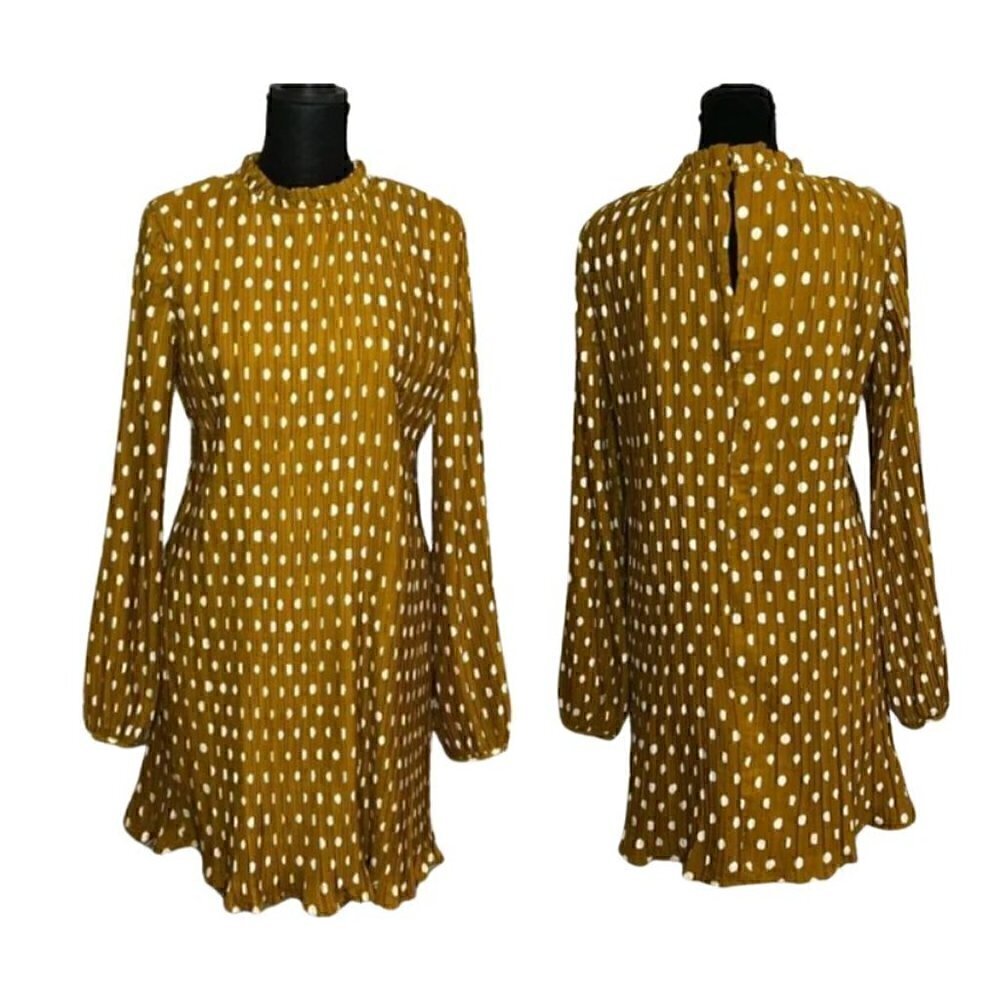 Lulus Mustard Yellow Polka Dot Long Sleeve Flowy Shift Dress (Womens S)